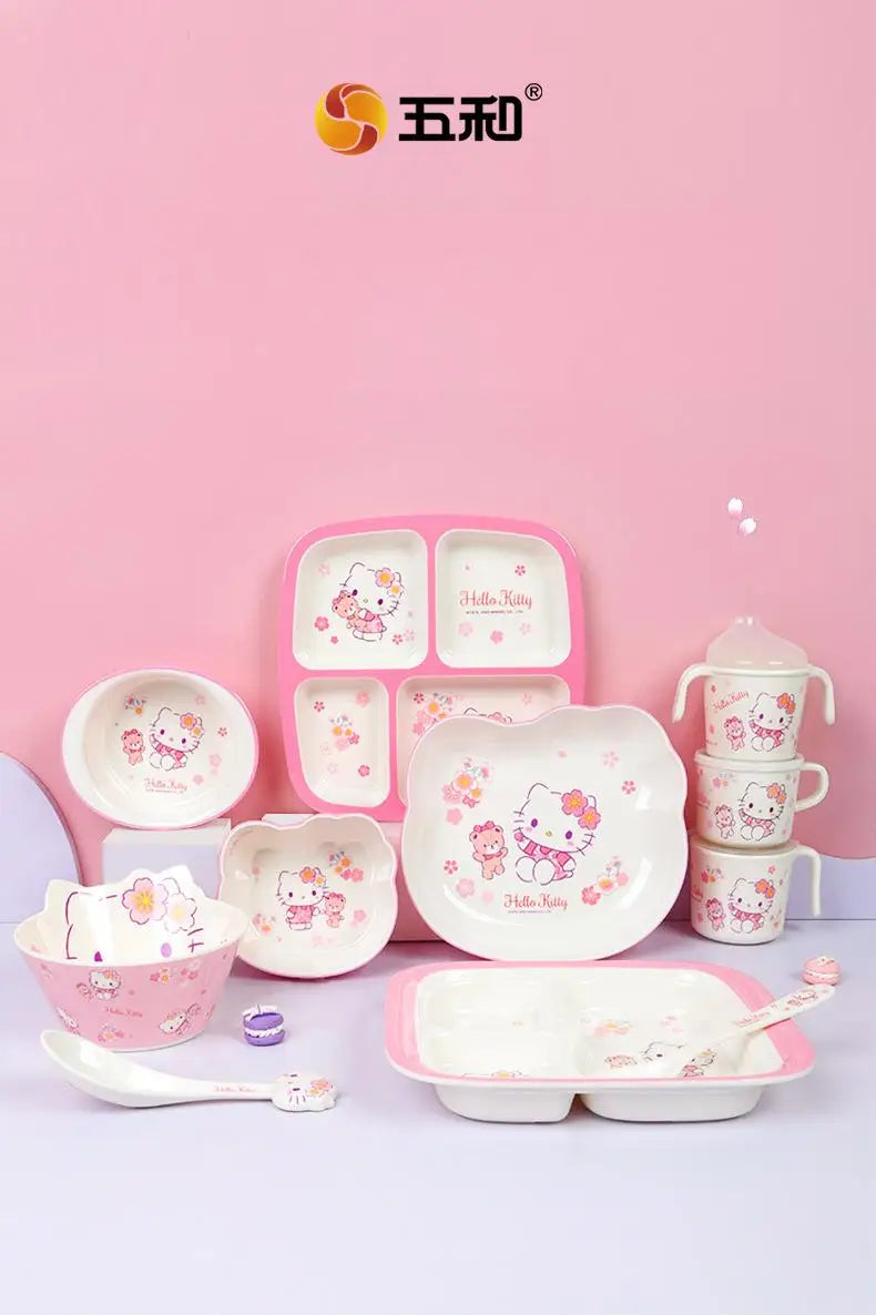Set di stoviglie in melamina Hello Kitty per bambini - Ciotole, piatti, cucchiai e tazze anti-scottatura con simpatico design a cartoni animati