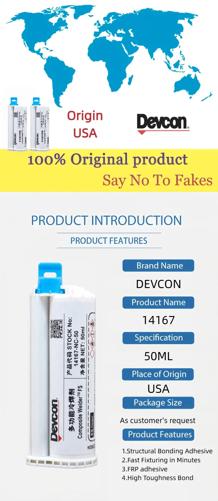 Adesivo Strutturale Bicomponente in Metacrilato Devcon 14167 FS 50ml, Colla a Rapida Asciugatura per Riparazione di Metallo, Plastica e FRP