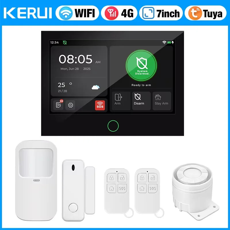 KERUI NUOVO Allarme domestico wireless 4G + WiFi con ampio touch screen IPS da 7 pollici Sistema di allarme intelligente Tuya con sensore di movimento per la casa