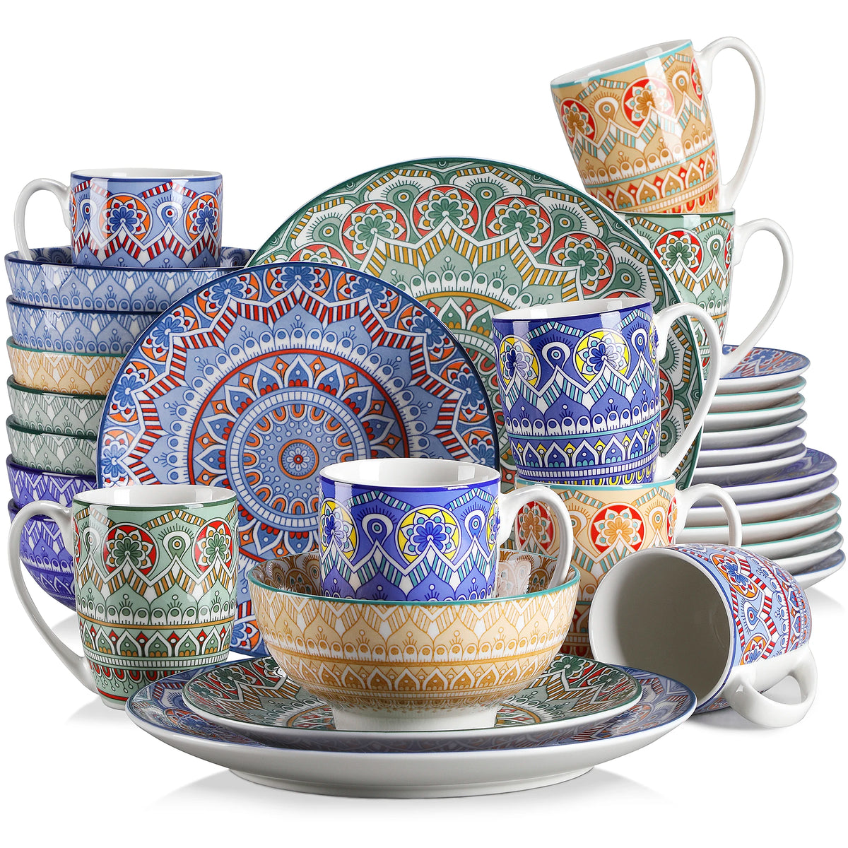 Vancasso 16/32 pezzi piatto ceramico set di stoviglie in porcellana con motivo mandala bohémien con piatto piano, piatto da dessert, ciotola, tazza