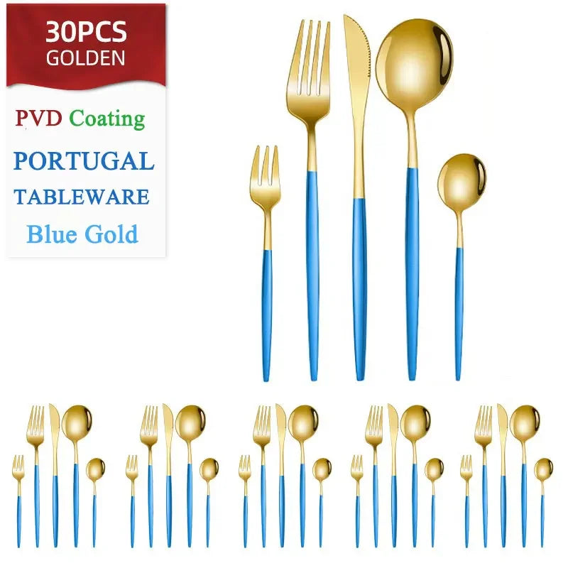 Set di posate dorate da 30 pezzi in acciaio inossidabile, coltelli, forchette, cucchiai, set di stoviglie per banchetti, ristoranti e ospiti