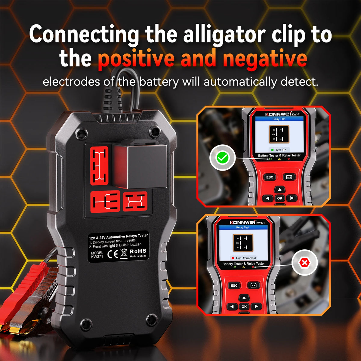 Tester Batteria Auto 2in1 KONNWEI KW371 2026 e Tester Relè a 4 Pin 5 Pin 6V 12V 24V con Stampa Dati Guasto, Test Avvio e Strumento di Scansione Ricarica