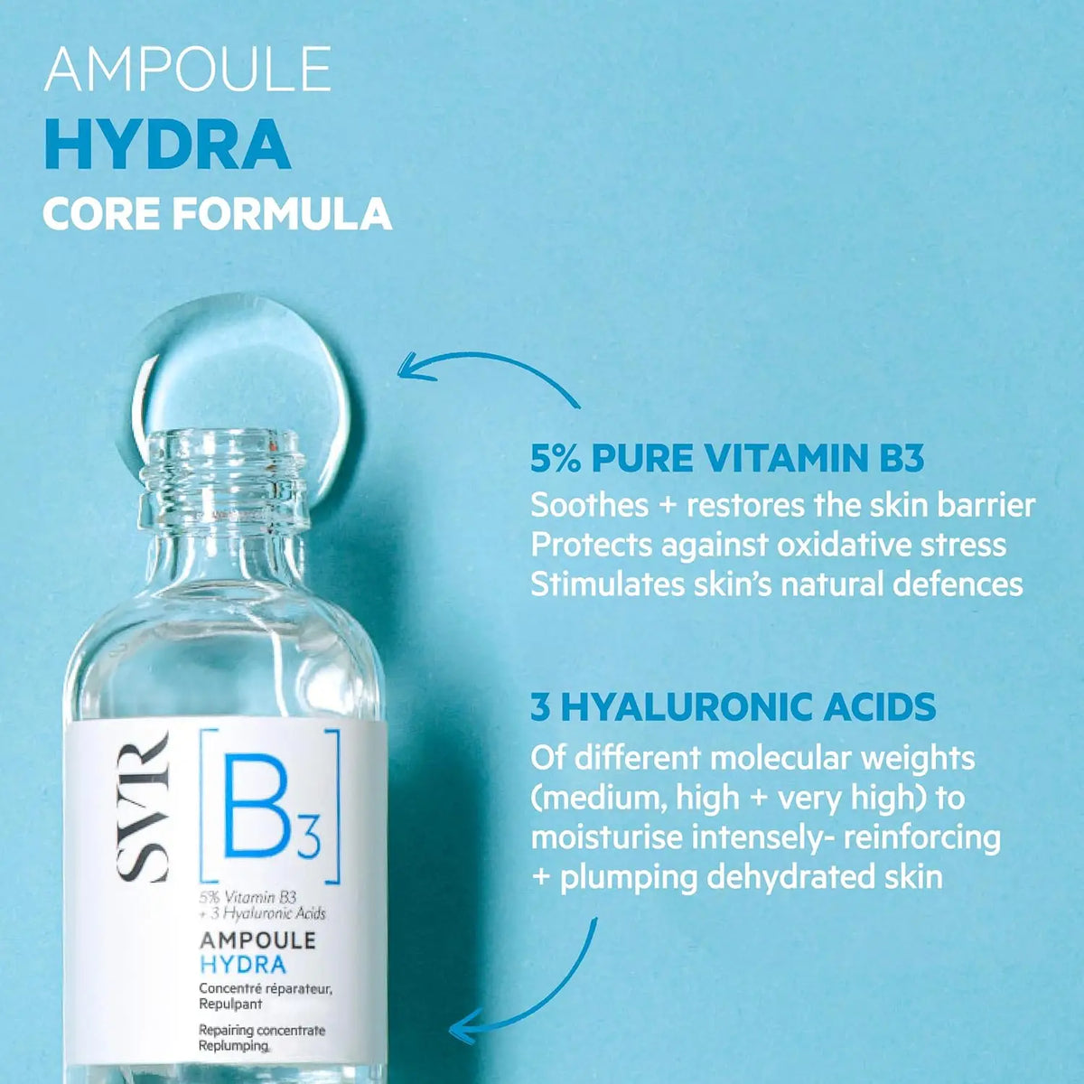 SVR B3 Ampoule Hydra 30 ml | Siero Riparatore Idratante con Niacinamide e Acido Ialuronico