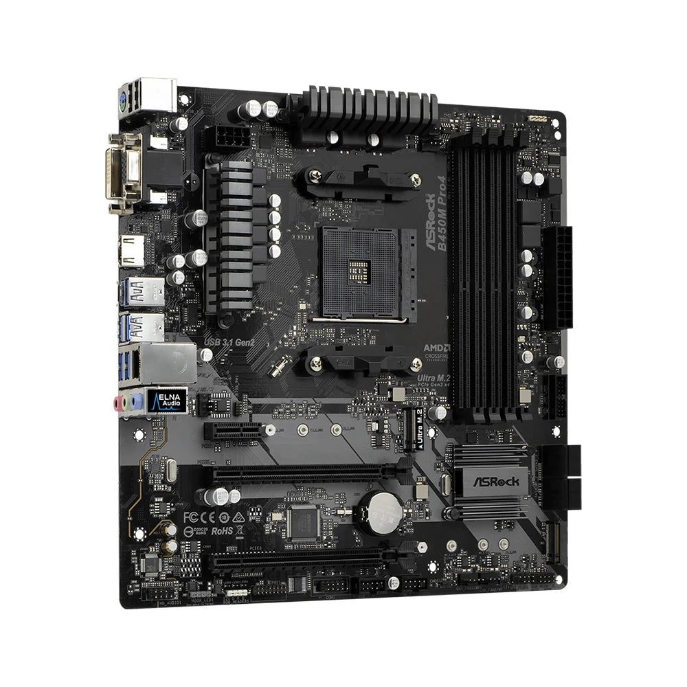 Scheda madre ASRock B450M PRO4, compatibile con CPU 5950X, 5800X3D, 5700X3D, 5600X, 5600G, 1700X, 2700X, socket AM4 AMD, 4 slot DDR4, 3200 MHz, formato MATX.