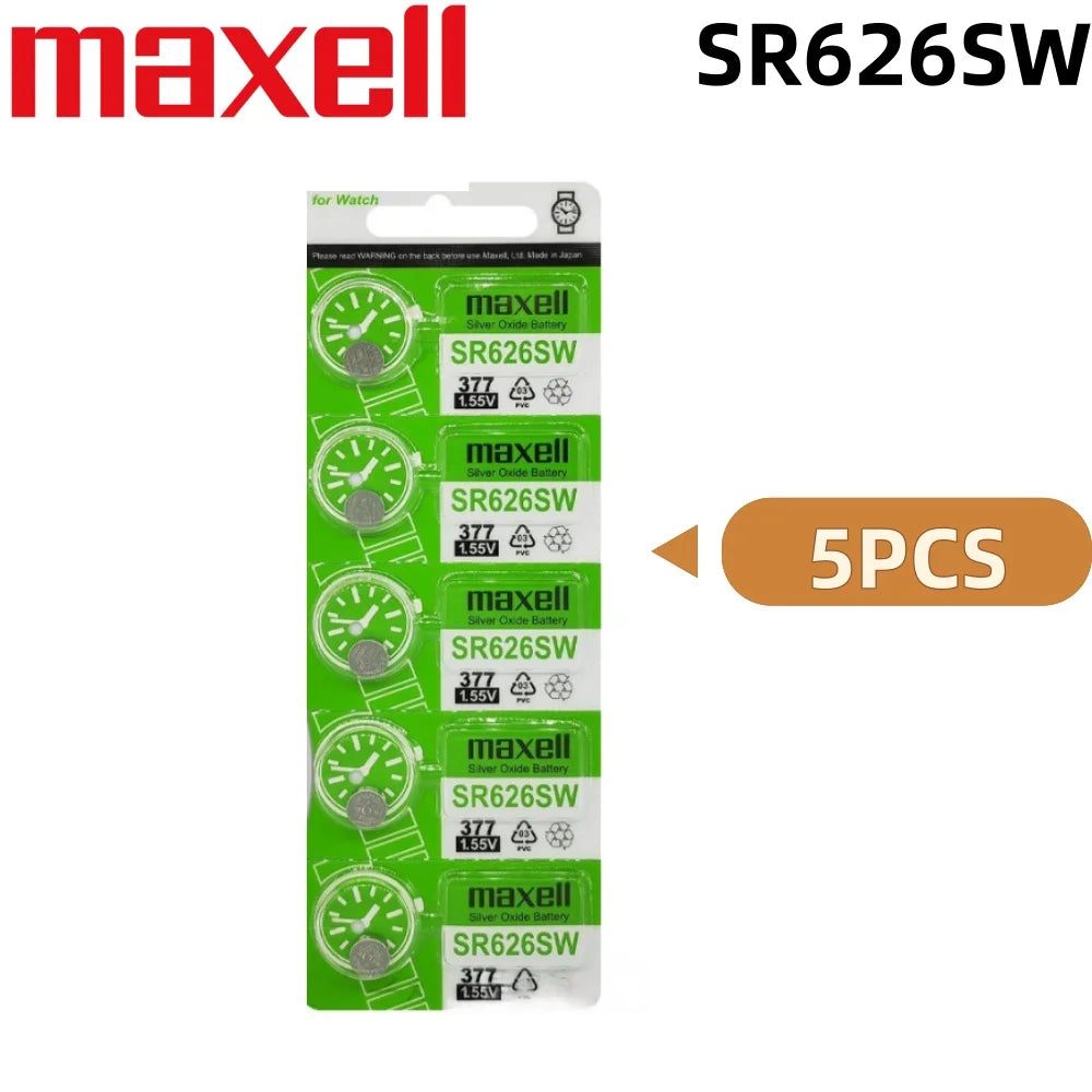 Batteria per orologi Maxell SR626SW, a ossido d'argento, modello 377 AG4, 1,55 V, senza mercurio, a bottone, per orologi da polso.