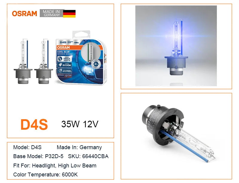 OSRAM HID D3S D1S D2S D4S Cool Blue Advance CBA Xenon Super White Faro per auto Fascio alto/basso Originale 6000K12V 35W (2 pezzi)