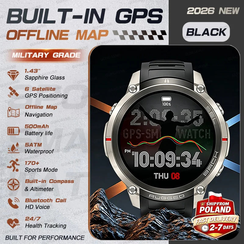 2026 NUOVO Smartwatch con Mappe Offline per Uomo, Display AMOLED HD da 1,43 Pollici, GPS Esterno Integrato, Bussola, Altimetro, Impermeabile 5ATM, Orologio Sportivo per Nuoto, Ciclismo e Corsa