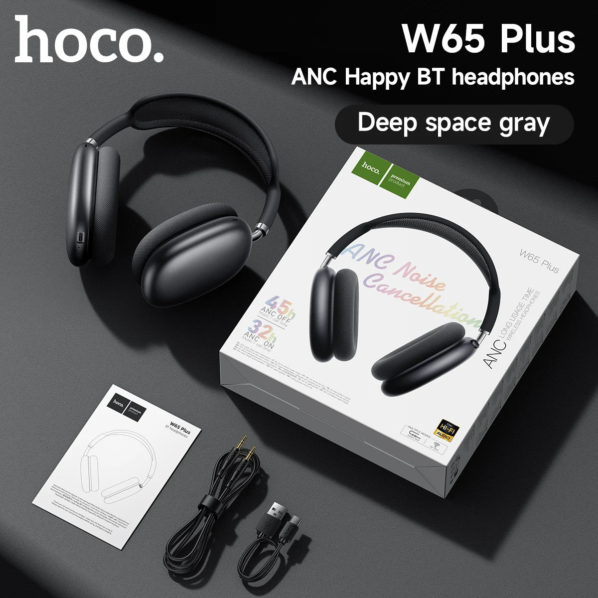 Cuffie Bluetooth HOCO W65 Plus con cancellazione del rumore ANC, auricolari wireless over-ear, suono Hi-Fi, cuffie sportive con pulsante.