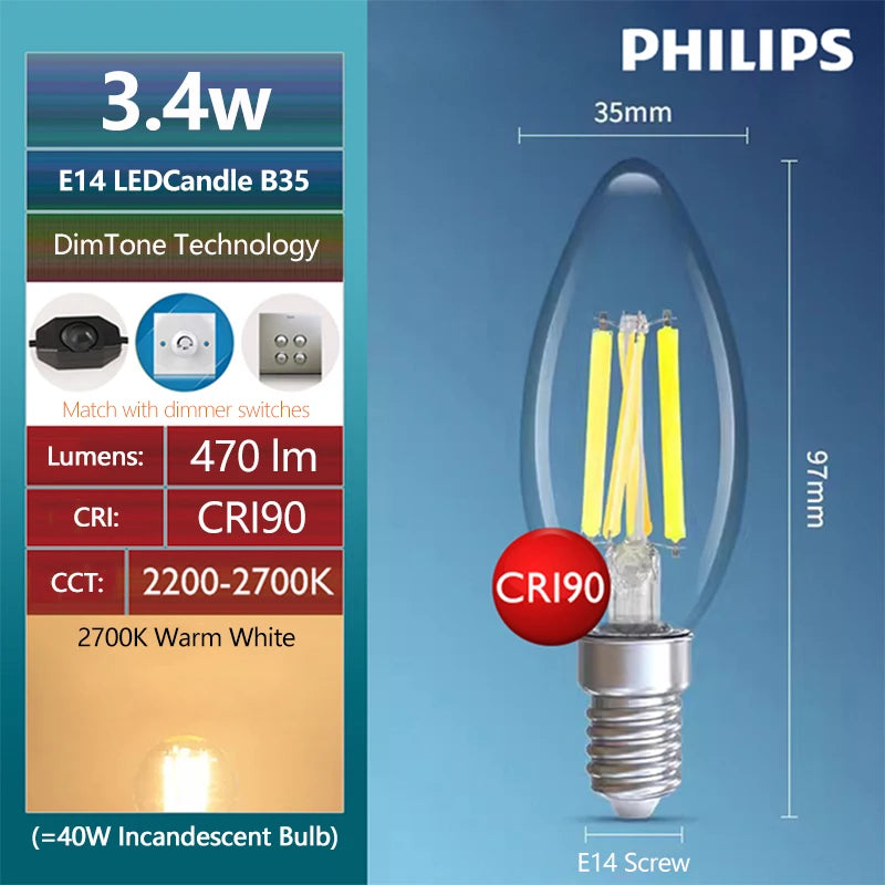 Philips Master Vetro LED Candela Lustro E14 E27 Lampadina Filamento B35 P45 A60 Lampada trasparente DimTone Dimimmable Luce bianca calda per interni
