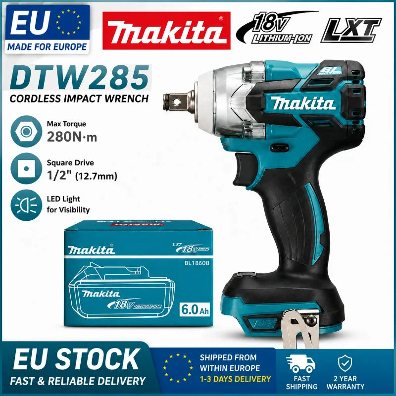 Makita DTW285 Avvitatore a Impulsi 18V 320N·m Senza Spazzole Senza Fili + Batteria 6.0Ah Utensile Elettrico ad Alta Coppia Disponibilità EU Spedizione 1-3 Giorni