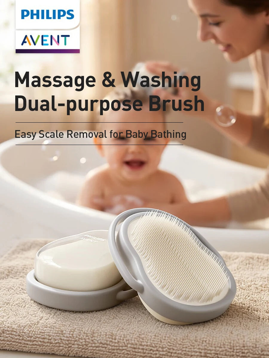 Philips Avent Spazzola per il lavaggio e il massaggio del bambino, doppia funzione, colore grigio nebbia, spazzola da bagno in morbido silicone per bambini da 0 a 12 anni