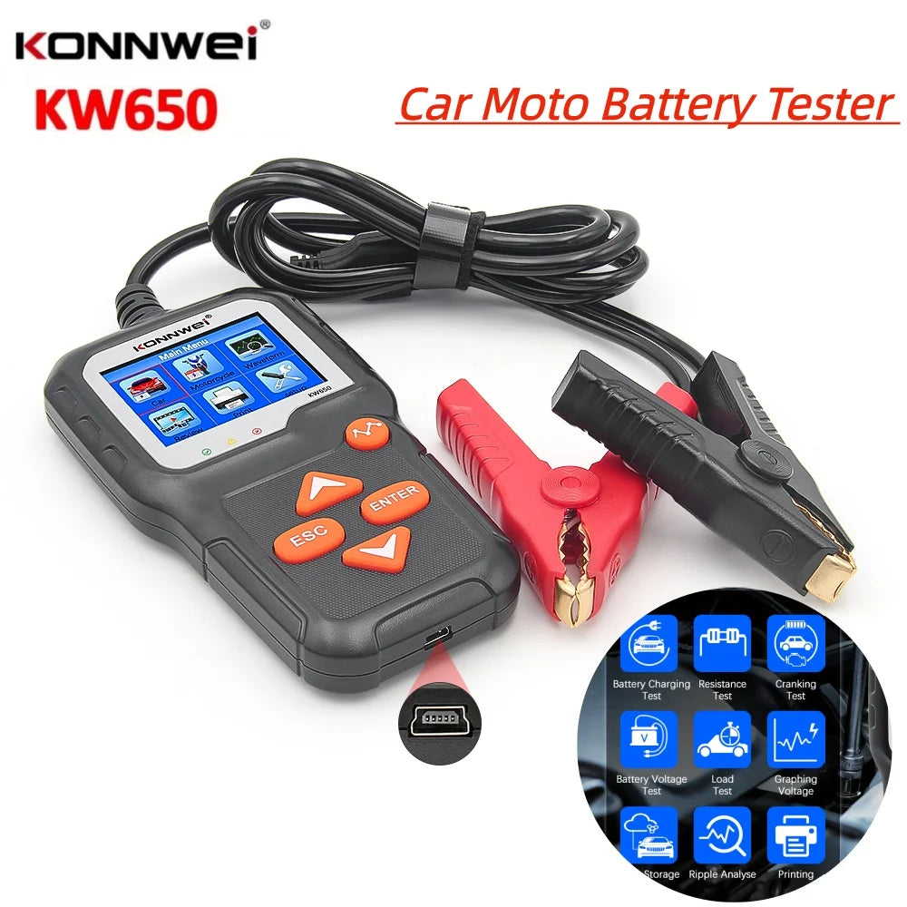 KONNWEI KW650 Tester batteria per auto 6V 12V Analizzatore automatico per auto moto da 100 a 2000 CCA Strumento di test di ricarica avviamento per auto Moto