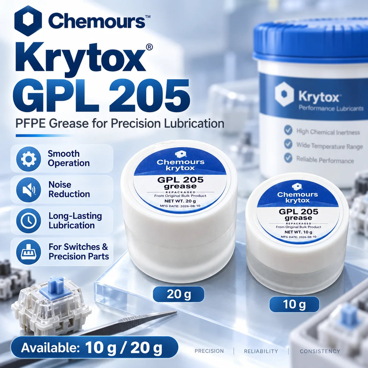 Olio Krytox GPL105 e Grasso GPL205, Lubrificante PFPE per Switch di Tastiere Meccaniche e Stabilizzatori, 10g 20g