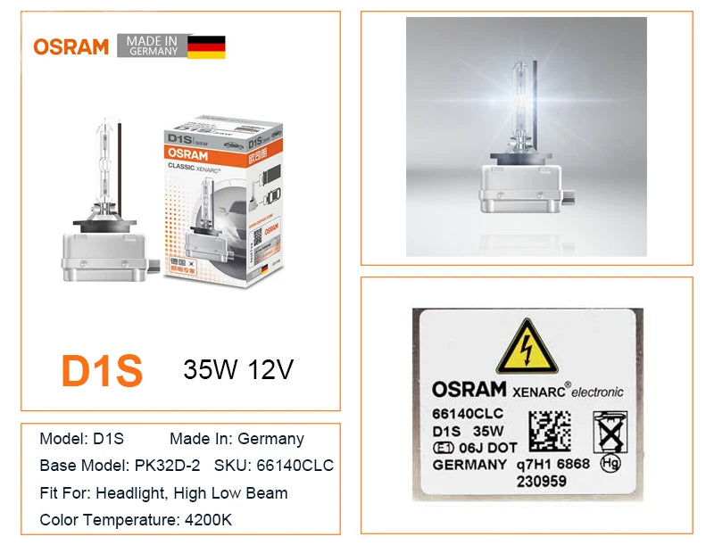 Lampadina OSRAM Xenon Originale D1S D2S D3S D4S 12V 35W per Fari Auto CLASSIC CLC HID 4200K Bianco Standard Germania 1x