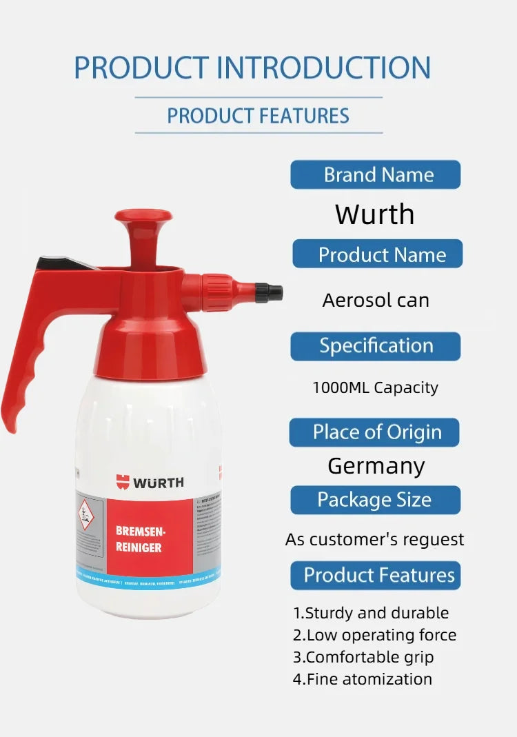 Wurth Flacone Spray a Pressione Vuoto da 1L 0891503001 0891503002, Flacone Spray a Pompa Resistente ai Solventi per Pulitore Freni