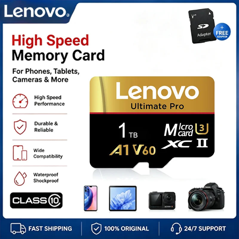 Scheda di memoria MicroSD Lenovo ad alta velocità, 1 TB, 256 GB, 512 GB, classe 10, UHS-I, per Nintendo, droni DJI, fotocamere GoPro, 128 GB, 64 GB.