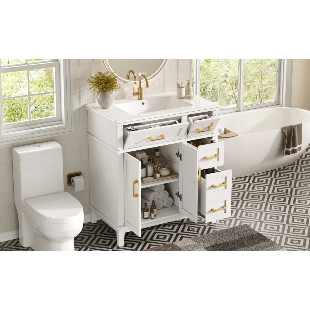 Mobile bagno moderno 76x86x46,5 cm con lavabo in ceramica integrato, mobiletto a cassetti autoportante con ampio spazio contenitivo, dotato di chiusura ammortizzata silenziosa e protezione dal troppo pieno del lavabo, elegant