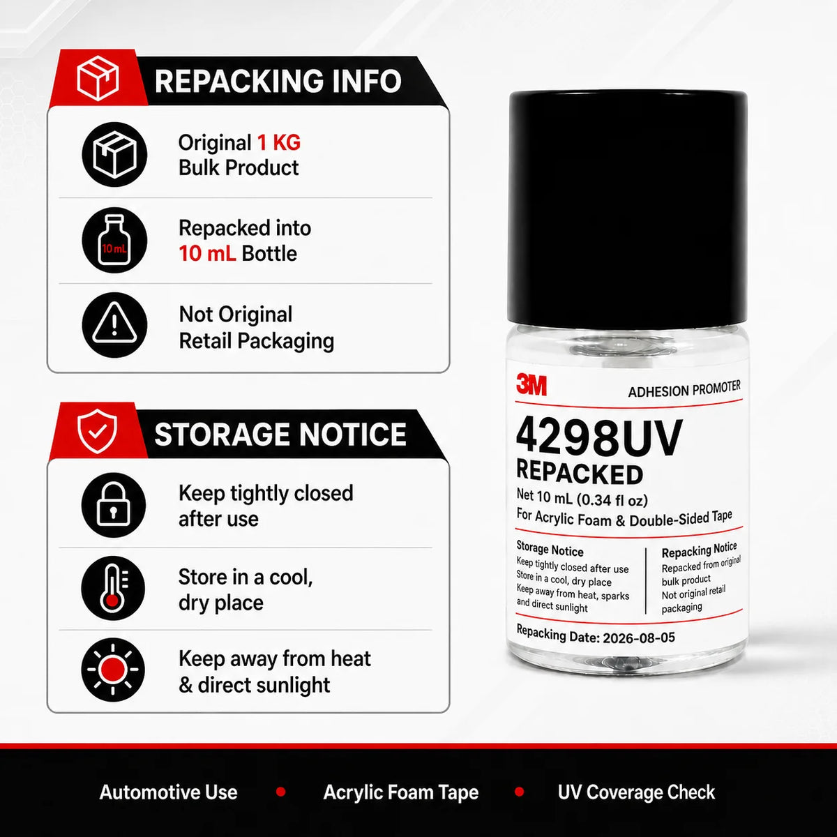 3M 4298UV Promotore di Adesione per Nastro Biadesivo in Schiuma Acrilica per Settore Automobilistico, Adesivo per Fissaggio di Rivestimenti in Plastica PP TPO EPDM ABS, 10ML