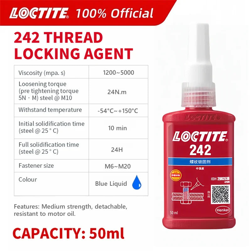 100% originale Loctite 243 242 222 262 263 270 271 277 290 Colla per viti 50ml Frenafiletti Colla anaerobica Fissatore per viti
