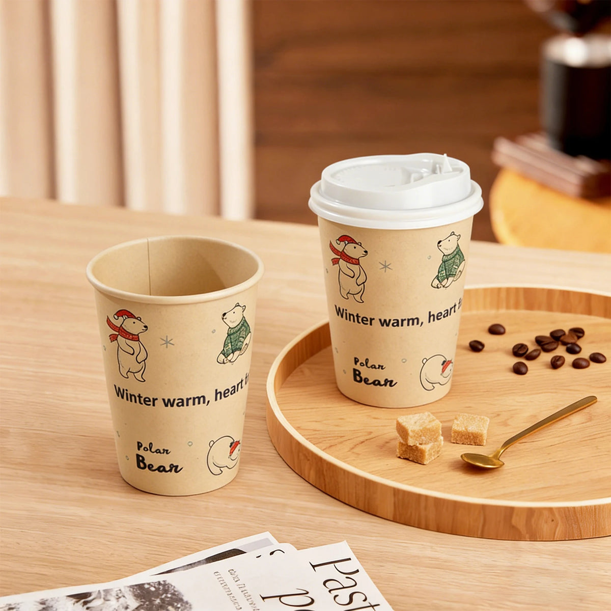 Bicchieri di carta usa e getta con motivo orso polare, polpa di bambù, panda, gatto, bicchieri di carta, stampa animalier, tazze da caffè con coperchio per uso domestico