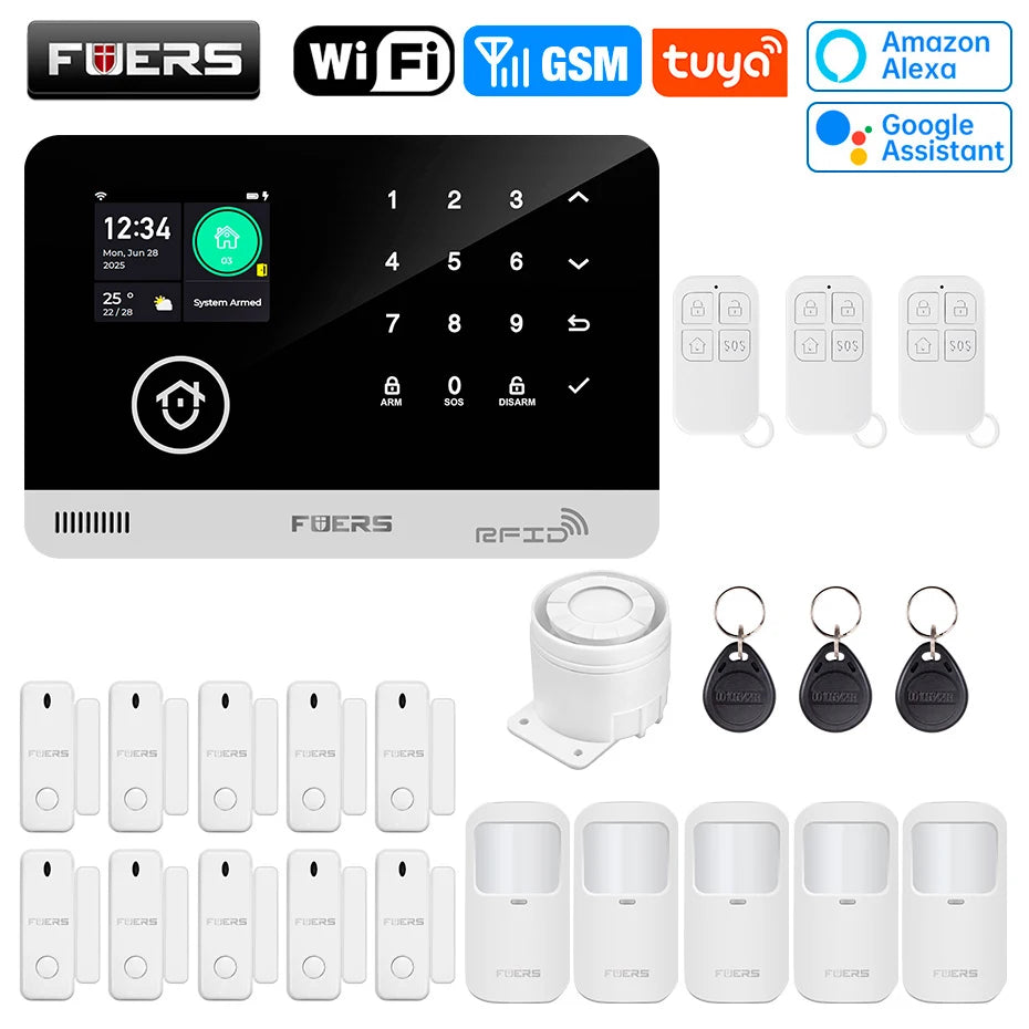 FUERS Sistema di allarme Smart Home WIFI GSM Allarme di sicurezza Host Ant-furto con sensore di movimento porta Tuya Smart App controllo lavoro Alexa