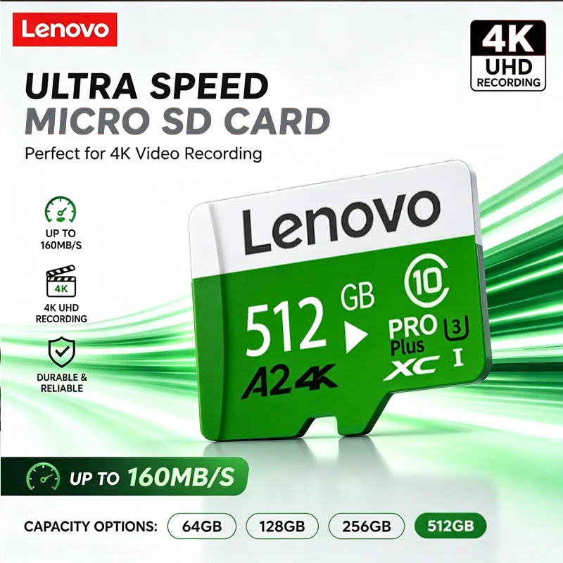 Scheda di memoria ad alta velocità Lenovo, 1 TB, 512 GB, 128 GB, scheda Micro SD TF, per archiviazione video 4K, ideale per action cam, droni e fotocamere digitali.