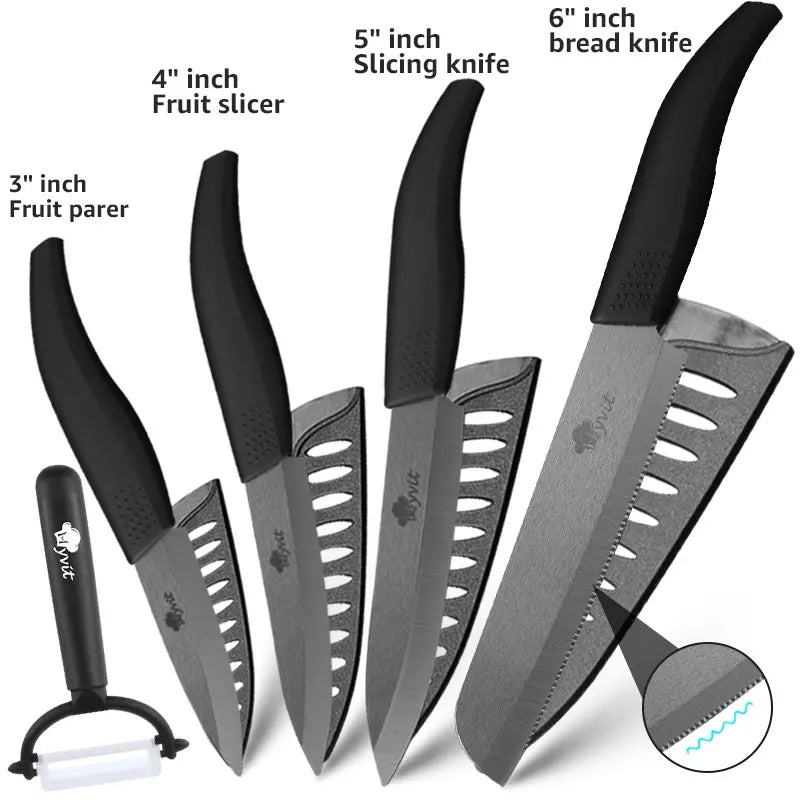 Set di Coltelli in Ceramica da 3, 4, 5, 6 Pezzi con Protezioni per le Lame, Coltelli Antiruggine per Frutta, Verdura, Formaggio e Carne