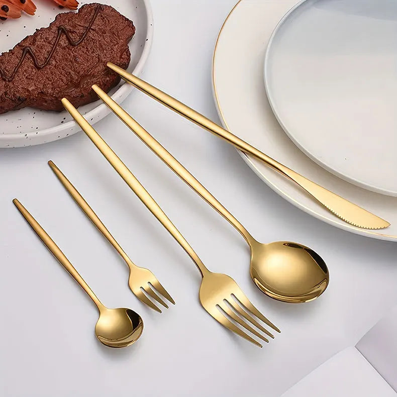 Set di posate dorate da 30 pezzi in acciaio inossidabile, coltelli, forchette, cucchiai, set di stoviglie per banchetti, ristoranti e ospiti