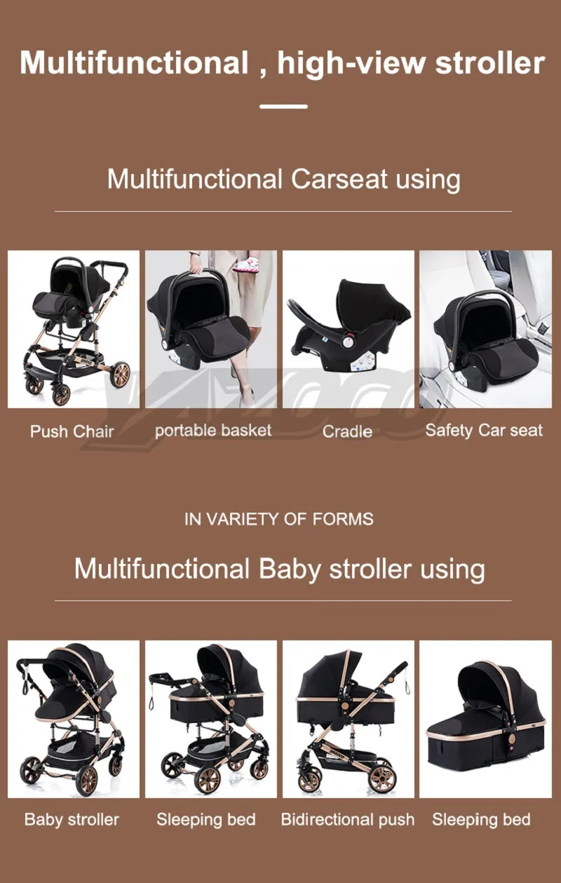 Passeggino 3 in 1 Facile da piegare Telaio in alluminio ad alto paesaggio Passeggino neonato con ruota in gomma per assorbimento degli urti a quattro ruote