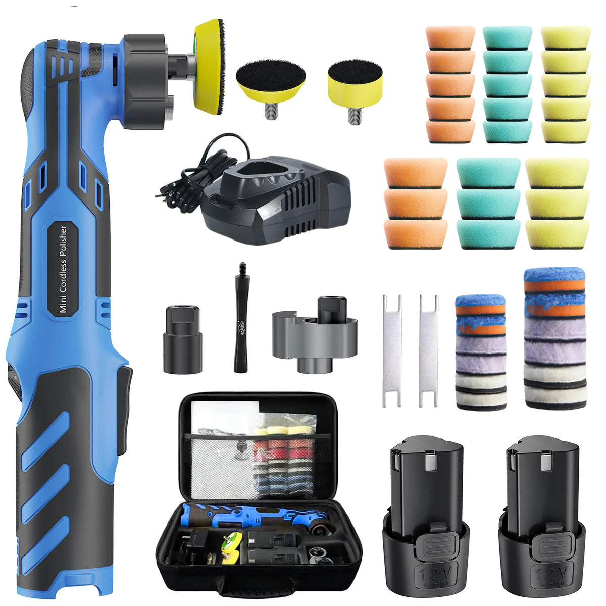 Lucidatrice per auto portatile a batteria 12V, con doppia modalità di funzionamento (rotazione e oscillazione), dotata di kit di tamponi da 1/1,5/2 pollici, strumento elettrico senza fili per la cura e la lucidatura dell’a