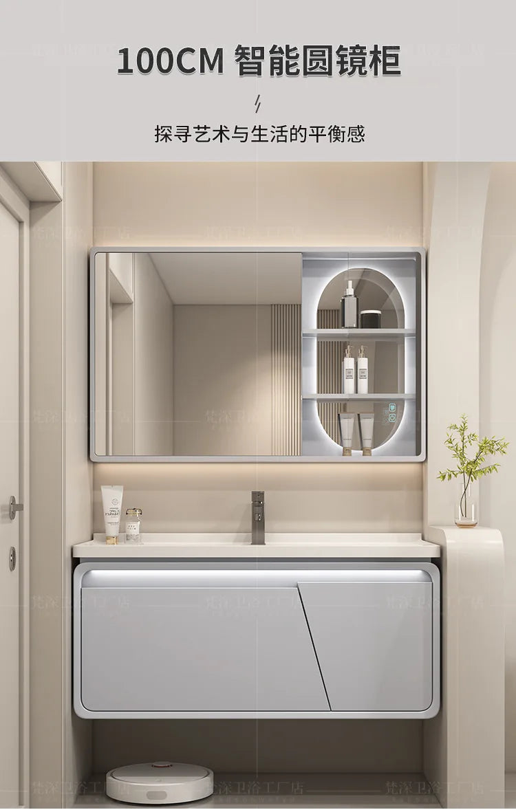 Mobile Bagno Moderno Intelligente con Lavabo Integrato in Ceramica, Armadietti in Rovere, Specchio LED e Mobiletto - Arredamento Bagno