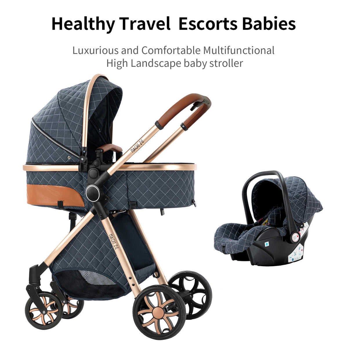 Passeggino Magic ZC 3 in 1, Sistema da Viaggio Compatto e Pieghevole con Navicella, Seggiolino Auto per Neonati e Seduta Reversibile, Carrozzina High Landscape, Ruote Ammortizzate, Manubrio Regolabile, Chiusura con Una Mano,