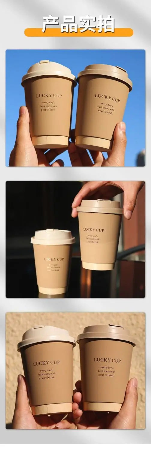 50 pz 330/400/500 ml Bicchieri di carta usa e getta Marrone Stampa a caldo Tazza di tรจ al latte con coperchio Boccale di caffรจ per bevande calde e fredde a doppio strato