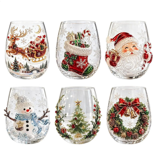 Set di 6 bicchieri natalizi da 300 ml senza piedistallo con decorazioni in rilievo 3D di Babbo Natale e pupazzo di neve per vino, caffè e cocktail.