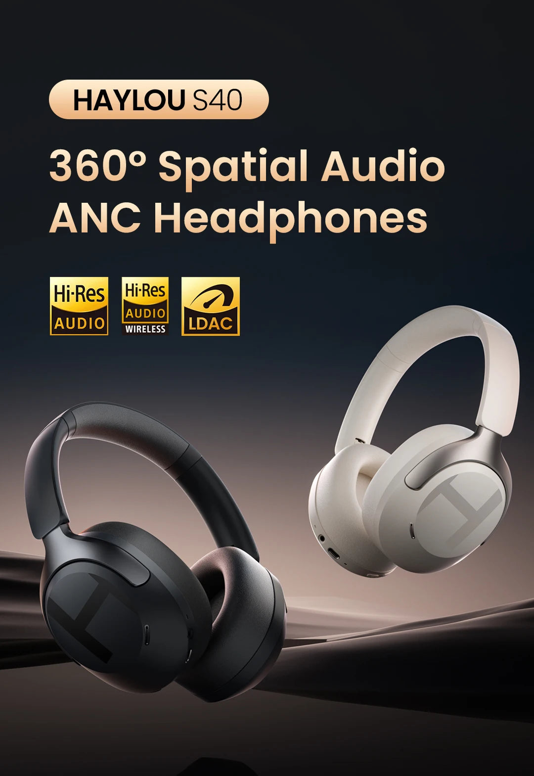 HAYLOU S40 ANC Cuffie wireless Bluetooth 6.0 Audio ad alta risoluzione Cuffie over Ear Auricolari ibridi con cancellazione attiva del rumore da 50 dB