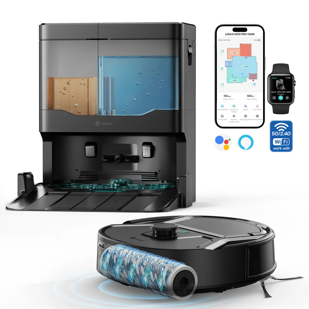 Robot aspirapolvere Lefant M265 con mappatura, 18000 Pa, rullo autopulente, lavaggio con acqua pulita, laser dToF, evita PSD, anti-groviglio, compatto, WiFi 2.4G/5G/Alexa/APP