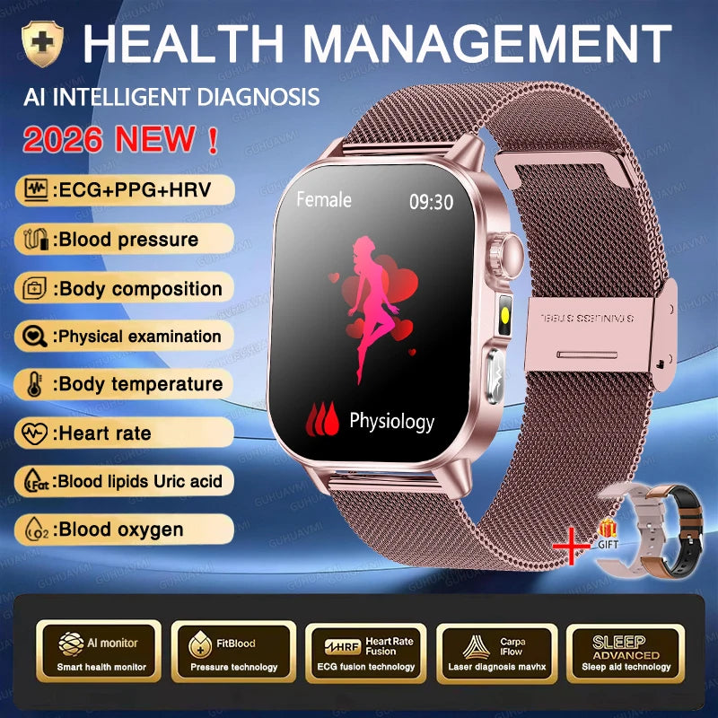 Nuovo Smartwatch per Uomo con Diagnosi ECG Accurata, Misurazione di Pressione Sanguigna, Ossigeno nel Sangue, Grasso nel Sangue, Acido Urico, Temperatura, Chiamate Bluetooth