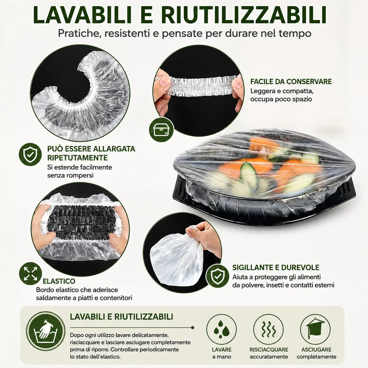 50 Cuffie Copri Alimenti Riutilizzabili con Elastico โ Copri Vivande Trasparenti Estensibili 10-25 cm per Ciotole, Piatti e Contenitori, Conservazione Cibi in Casa, Frigo e Buffet