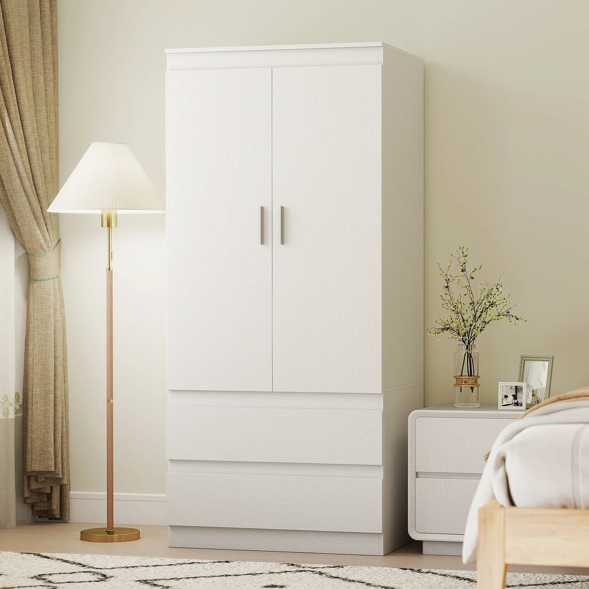 Armadio per Camera da Letto con 2 Ante, 2 Cassetti, 3 Scomparti, in Legno, Bianco