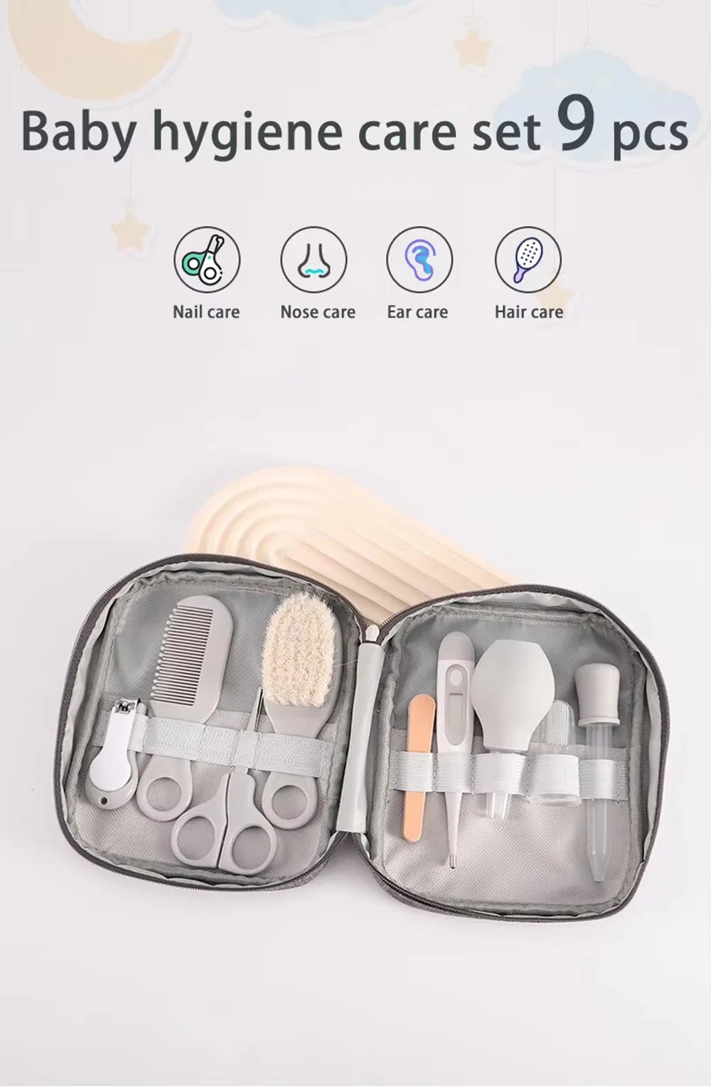 Kit per la Cura del Neonato 9 Pezzi con Tagliaunghie, Spazzola per Capelli, Pettine, Termometro, Set Essenziale per l'Igiene del Bambino, Kit da Viaggio