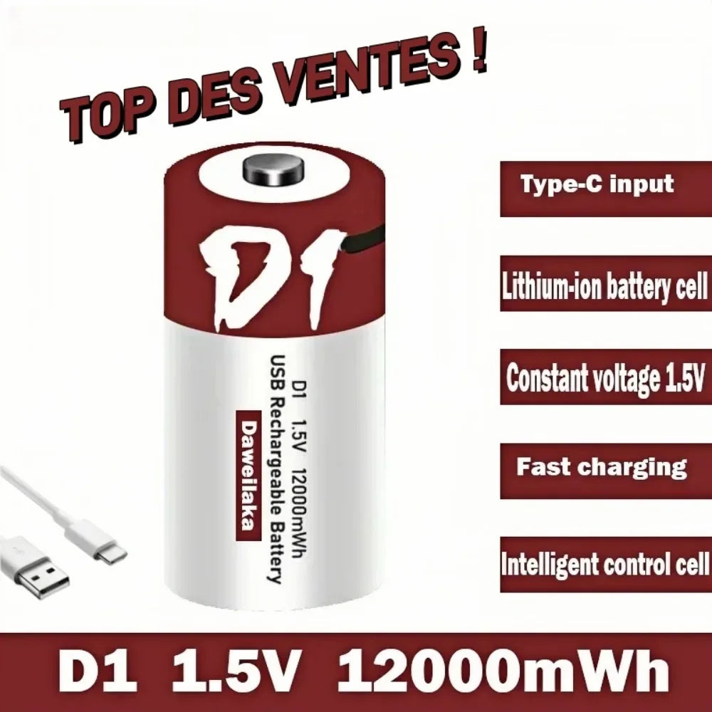Batteria agli ioni di litio da 1,5 V formato D, 12000 mWh, ricaricabile tramite USB per torce, scaldabagni, giocattoli, include cavo di ricarica gratuito