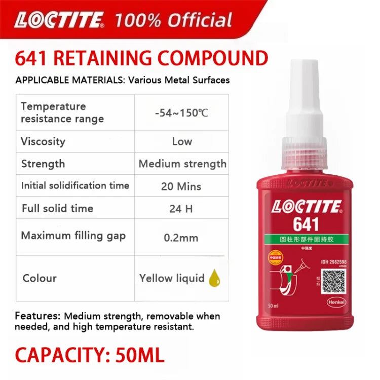 100% originale Loctite 641 composto di fissaggio sigillante anaerobico giallo frenafiletti a media resistenza 50 ml