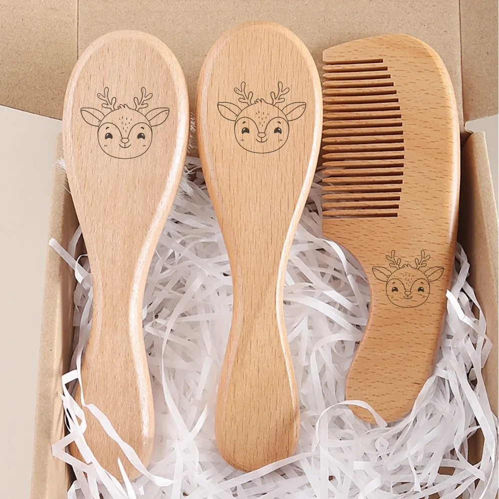 Spazzola per Capelli Neonato con Panda Inciso, in Lana Naturale e Legno, con Cuscino d'Aria, Regalo per Neonato