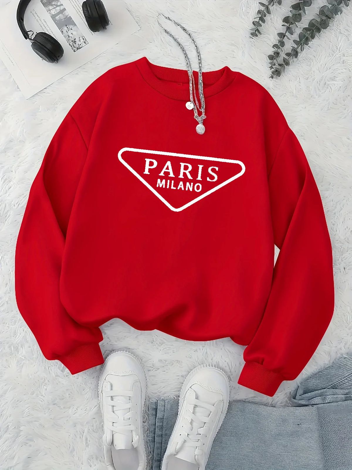 Maglione da donna, modello casual, ideale per l’autunno e l’inverno, ampio, comodo e caldo, con stampa a tema parigino, scollo rotondo e maniche lunghe.