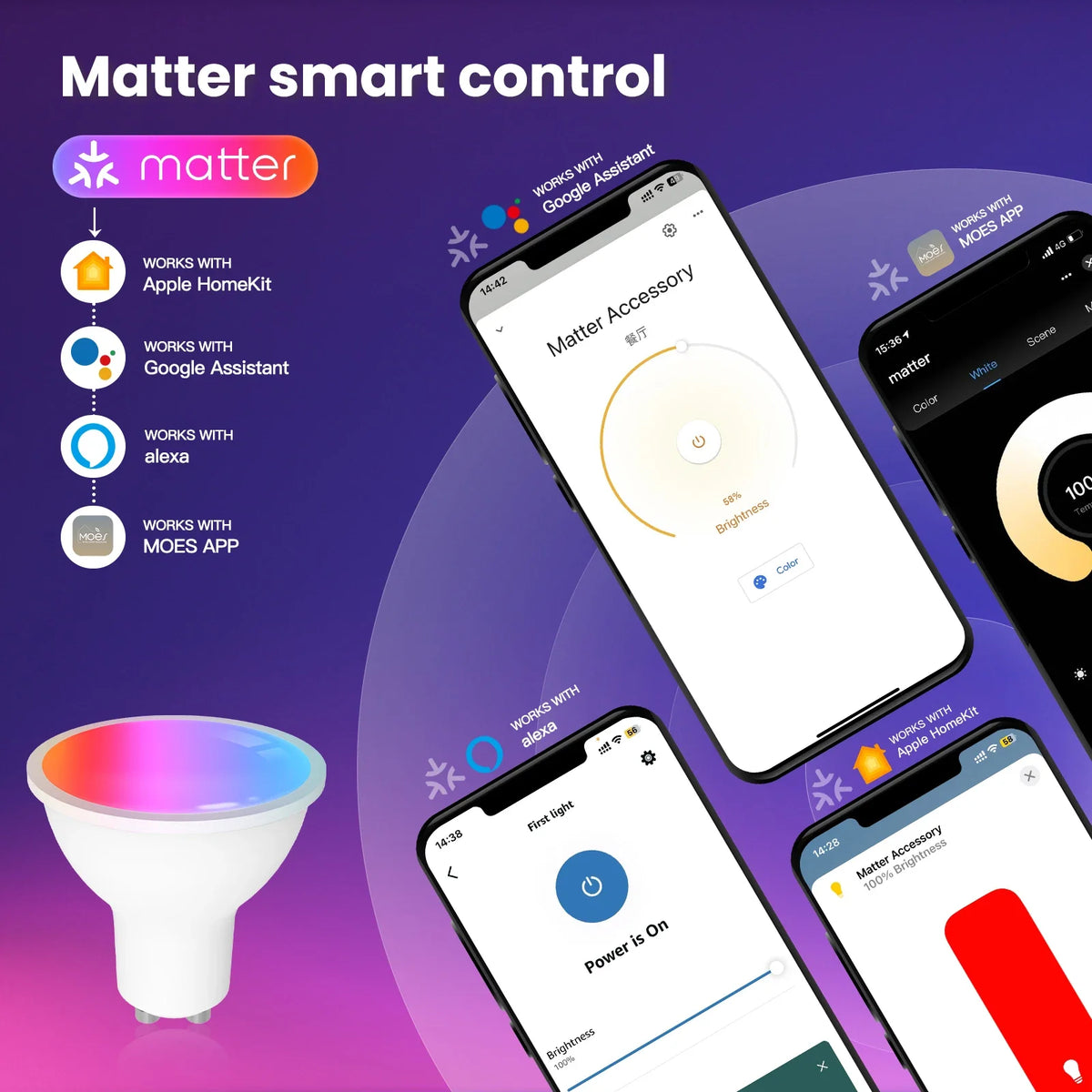 MOES Tuya Matter WiFi GU10 Lampadina intelligente Dimmerabile Luce a Led 16 milioni di colori RGB C + W Lampada a candela Controllo vocale Alexa Google Home