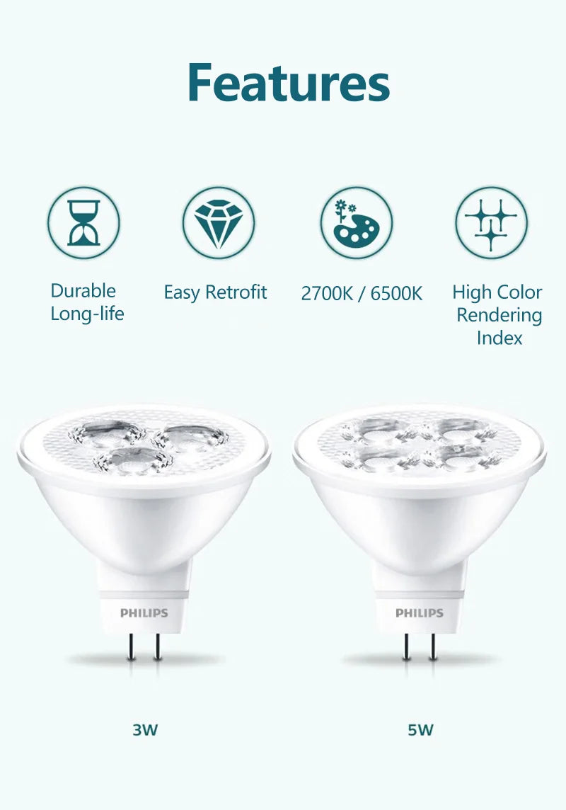 Philips 4 pezzi CorePro LED MR16 3W(=35W) 5W(=50W) Lampadina riflettente 12V GU5.3 24D Spot Light 2700K 6500K Bianco Hotel Negozi Lampade