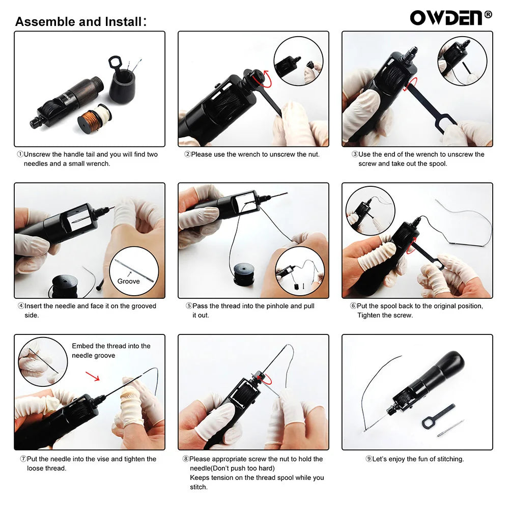 OWDEN Strumento per punteruolo per cucire in pelle con filo per cucire e ago Strumenti per calzolaio Strumento per punteruolo per punture Kit per cucito in pelle con cuciture veloci