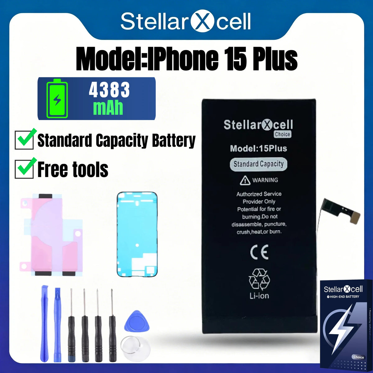 Batteria per iPhone, per iPhone 15, 15 Pro, 15 Plus, 15 Pro Max, Batteria di Capacità Standard, Batteria di Qualità Standard, Sostituzione Batteria iPhone con Strumenti Gratuiti, 0 Cicli, Mostra il 100% della Salute della B