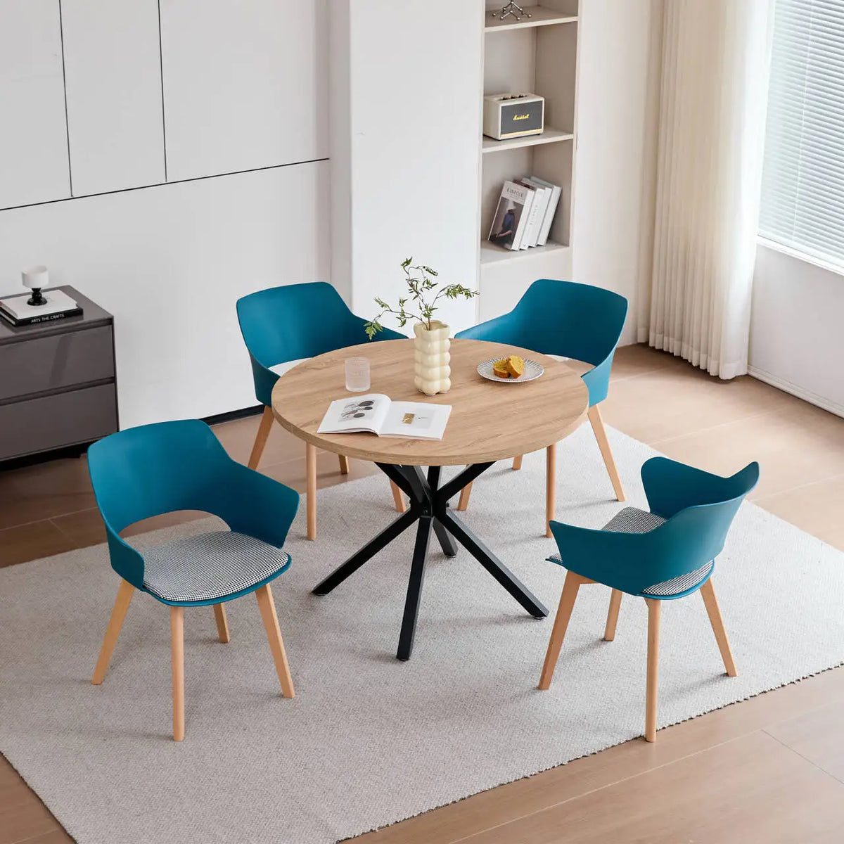 Sedie da pranzo moderne da 2 pezzi con braccioli - Guscio in PP + Gambe in legno + Cuscino in tessuto pied de poule per cucina, soggiorno, caffè