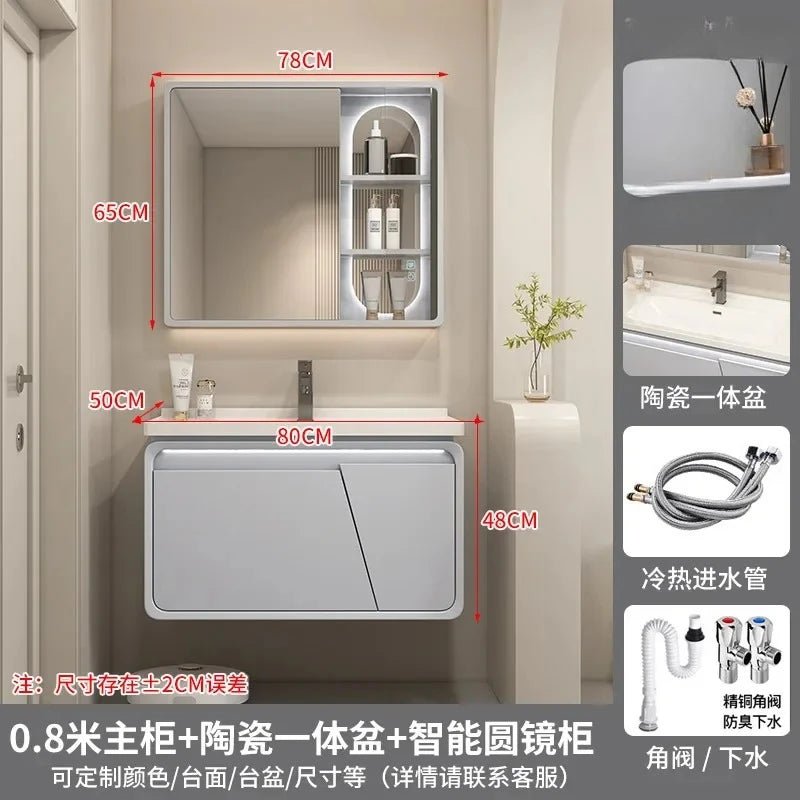 Mobile Bagno Moderno Intelligente con Lavabo Integrato in Ceramica, Armadietti in Rovere, Specchio LED e Mobiletto - Arredamento Bagno